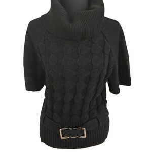 Elena Wang Womens Turtle Neck Bubble Knit Short Sleeve Sweater Black Medium